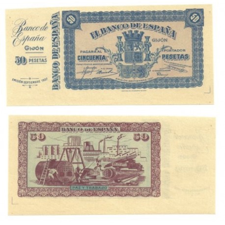 [1937] Billete de 50 Pesetas (SC). No circuló. Con matriz.