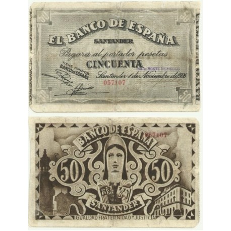 [1936] Billete de 50 Pesetas (MBC). Sin serie. Restaurado.